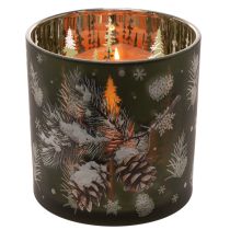 Product Glass Candle Holder with Pinecone and Snowflake Design, 15cm