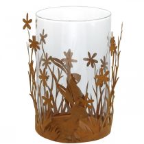 Product Lantern with rabbits, spring decoration, metal decoration with flowers, Easter patina Ø11.5cm H18cm