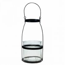 Lantern glass with handle candlestick black H25cm