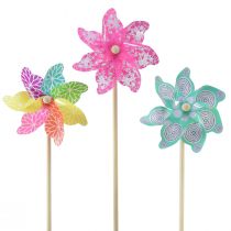 Windmill pink turquoise colorful summer decoration Ø15cm H48cm 3pcs