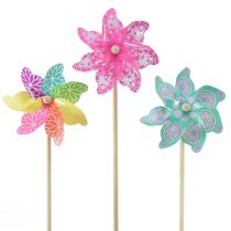 Windmill pink turquoise colorful Ø15cm H48cm summer decoration 3pcs