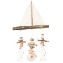 Product Wind chime sailing ship decoration fish wood white natural H56cm
