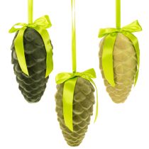 Product Beflocked Hanging Pine Cones with Ribbon and Bow, 18cm, Set of 3