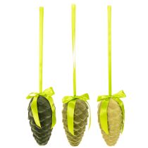 Product Beflocked Hanging Pine Cones with Ribbon and Bow, 18cm, Set of 3