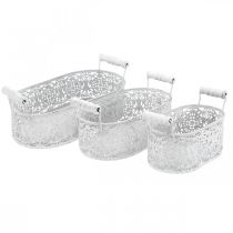 Bowls for planting, decorative pot with lace decor, metal vessel with handles, oval white, silver Shabby Chic L25.5 / 20 / 15cm H7cm set of 3