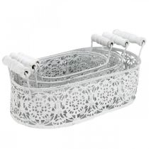 Product Bowls for planting, decorative pot with lace decor, metal vessel with handles, oval white, silver Shabby Chic L25.5 / 20 / 15cm H7cm set of 3