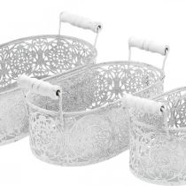 Bowls for planting, decorative pot with lace decor, metal vessel with handles, oval white, silver Shabby Chic L25.5 / 20 / 15cm H7cm set of 3