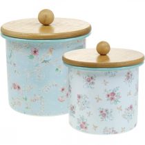 Enamel box with lid wood flower pattern H10/12cm set of 2