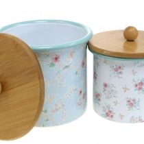 Product Enamel box with lid wood flower pattern H10/12cm set of 2