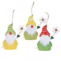Spring decoration gnome to hang up wooden dwarf with flower H17cm 6pcs