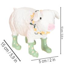 Product Decorative pig with rubber boots – Funny farm figurine with flower wreath 15.5cm