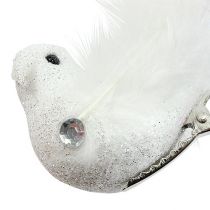 Deco bird on the clip with glitter white 14cm 2pcs