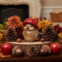 Product Ceramic Bird Figurine with Red Apple Hat for Autumn Decoration, 13cm