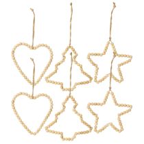 Product Christmas decorations: wooden beads, heart, star, tree, 13cm high, 6 pieces