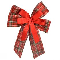 Product Red Checked Polyester Christmas Bows, 20 × 29 cm, 6 cm Ribbon, Outdoor Decoration, Pack of 2