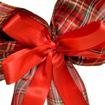 Product Red Checked Polyester Christmas Bows, 20 × 29 cm, 6 cm Ribbon, Outdoor Decoration, Pack of 2