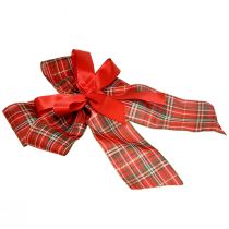Product Red Checked Polyester Christmas Bows, 20 × 29 cm, 6 cm Ribbon, Outdoor Decoration, Pack of 2