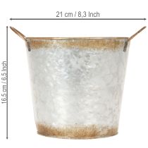 Product Decorative pot with handles, planting bucket, metal container, silver, weathered steel, Ø17cm H16.5cm