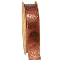 Product Gift ribbon with golden roses decorative ribbon red-brown 25mm 15m