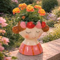 Product Girl's face in a flower pot with sleeping strawberries, decoration for living room, spring, 13cm