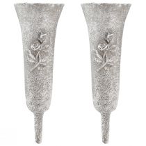 Product **ProductName**  
Grey Memorial Vase with Rose Motif, H26cm, Set of 2  

**ProductDescription**  
<div>  
<h2>Grey Memorial Vase with Rose Motif for Thoughtful Home and Garden Use</h2>  
<p>This elegant grey vase is crafted from durable polyresin and feat