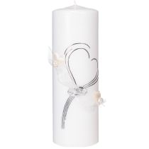 Product Festive wedding candle with a stylish heart design, silver embellishments and organza ribbon – ideal for weddings and silver wedding anniversaries, 240/80mm