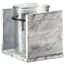 Product Glass Tea Light Holder in Rustic Wood Frame – Grey-White, 10x9x10cm