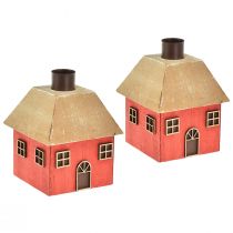 Product Candle Holder Christmas House Wood Red 9×9×11cm 2 Pcs