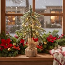 Product 50cm Snow-Dusted Artificial Christmas Tree with Warm White LEDs and Burlap Base for Indoor Use