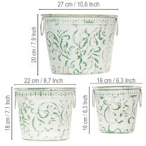 Product Metal pots with handles, planters with embossing, white, green, shabby chic, H20.5/18.5/16cm, Ø25.5/20.5/15.5cm, set of 3
