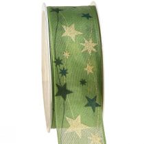 Product Christmas ribbon with stars gift ribbon green with wire edge 40mm 15m