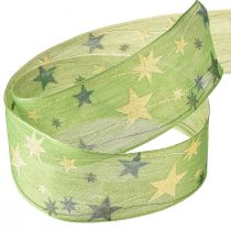 Product Christmas ribbon with stars gift ribbon green with wire edge 40mm 15m
