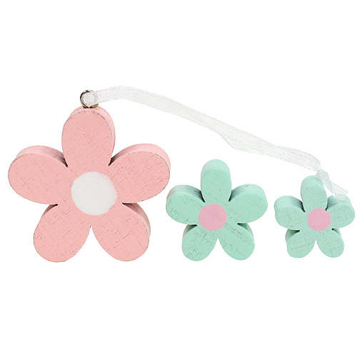 Wooden flowers to hang, sprinkle decoration pink, green 12pcs