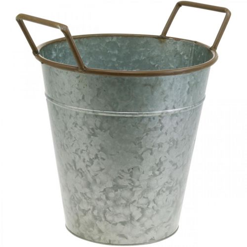 Metal pot for planting, planter with handles, cachepot silver, brown Ø21cm H30.5cm