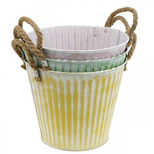 Product Bucket for planting, planter with handles, metal decoration pink/green/yellow shabby chic Ø16.5 cm H15 cm set of 3