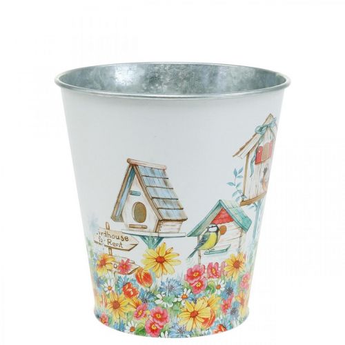 Product Metal pot with motif, planter with birdhouses, tin bucket H13cm Ø11.5cm