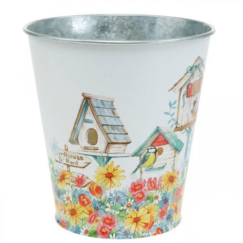 Product Tin pot with birdhouses, summer decoration, planter H14.5cm Ø13.5cm