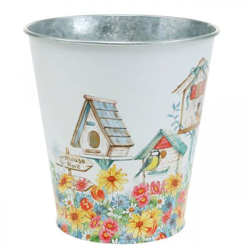 Floristik24 Tin pot with birdhouses, summer decoration, planter H14.5cm Ø13.5cm