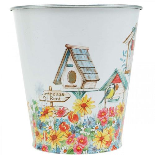 Product Metal pot with motif, planter with birdhouses, tin bucket H13cm Ø11.5cm
