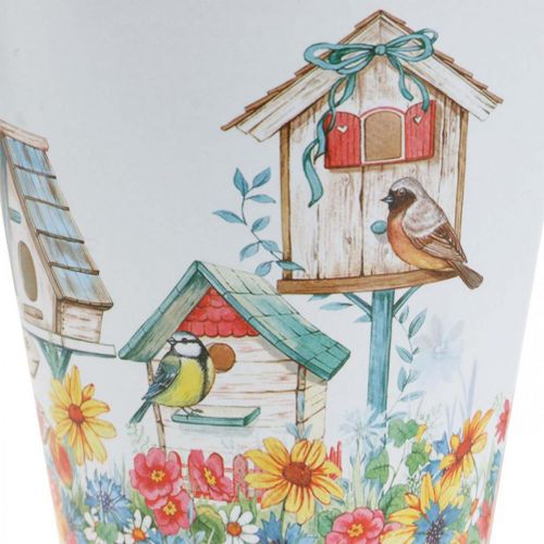 Product Metal pot with motif, planter with birdhouses, tin bucket H13cm Ø11.5cm