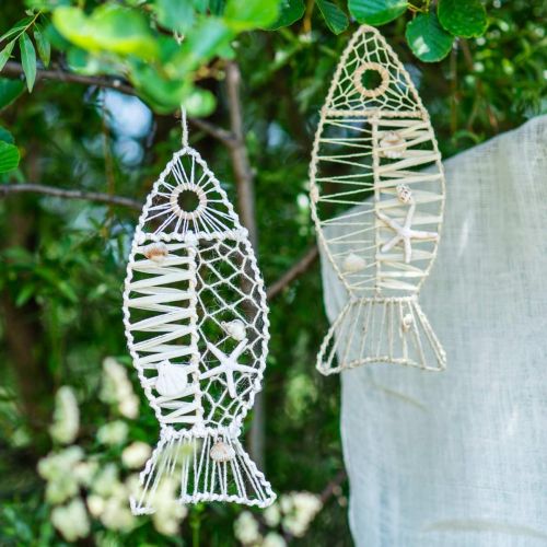 Product Maritime fish decoration with wickerwork and shells, decoration hanger fish shape nature 38cm