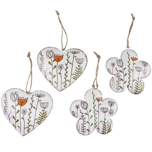 Floristik24 Hanging decoration metal decoration hearts and flowers white 10cm 4pcs