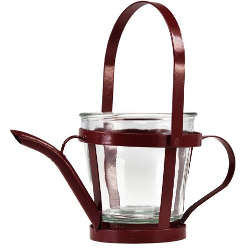 Floristik24 Lantern glass decorative watering can metal red Ø14cm H13cm