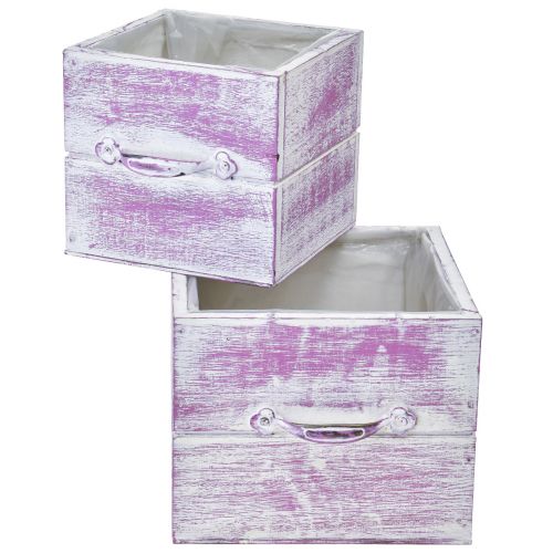 Plant drawer with handle pink white wood 12/15cm set of 2