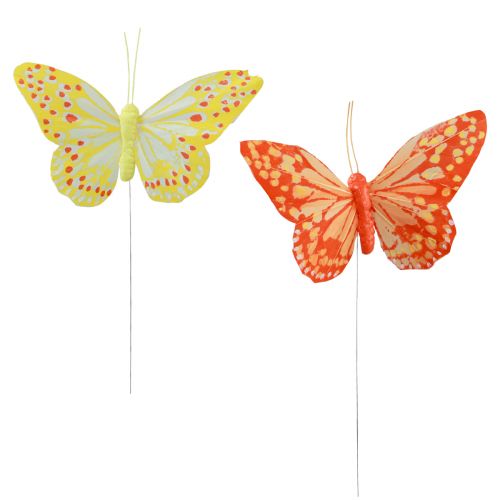 Product Decorative butterflies on wire feathers orange yellow 7×11cm 12pcs