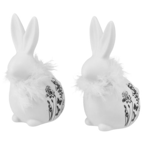 Product Ceramic Bunny White Sitting Flowers Feathers 9×7×14cm 2pcs