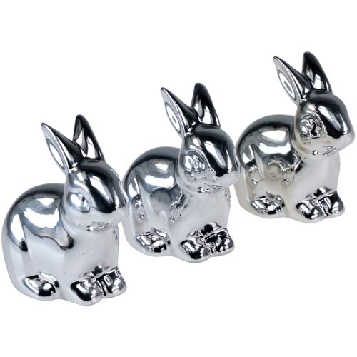 Floristik24 Rabbit Silver Sitting Ceramic Metal Look 8.5cm 3 Pcs