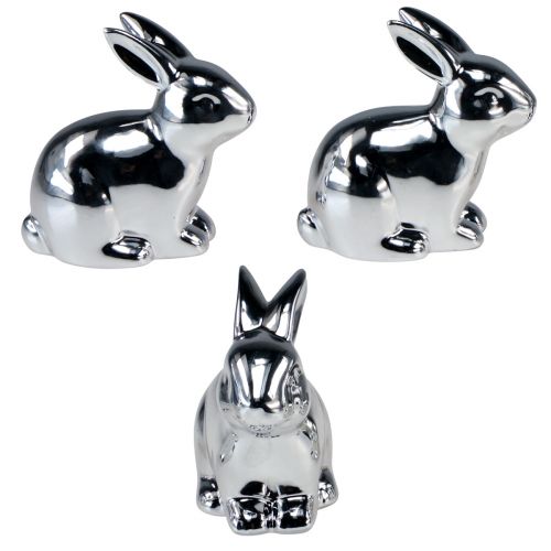 Floristik24 Rabbit Silver Sitting Ceramic Metal Look 8.5cm 3 Pcs