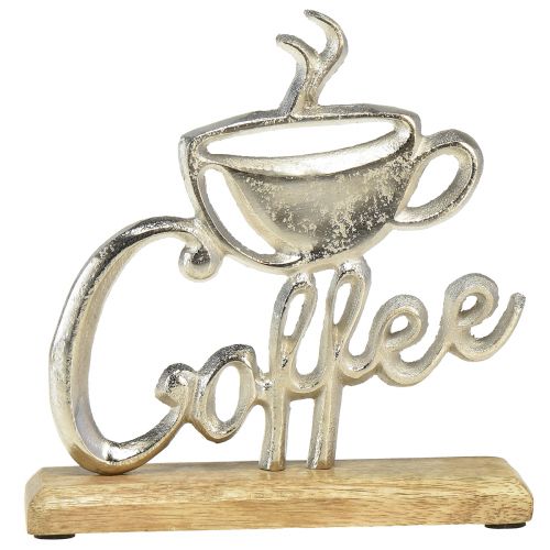 Metal Deco Coffee Silver Wood Base Natural 17.5x5x18cm