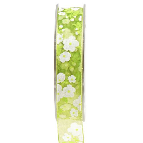 Floristik24 Spring ribbon with flowers gift ribbon green 20mm 20m